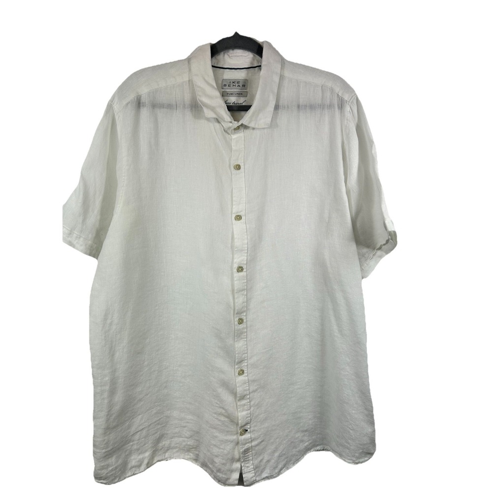 Ike Behar Luxe Travel 100% Pure Linen Shirt Mens XL White Short Sleeve Old Money